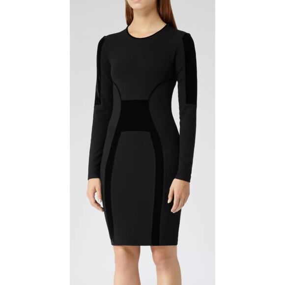 REISS Tigre Mini Dress Velvet Trim Crew Neck Long Sleeve Fitted, Black - Picture 12 of 12